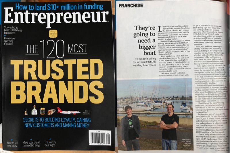Entrepreneur magazine, April 2014: the cover and a feature on Trevor Hawley and his business partner's healthy-vending franchise.